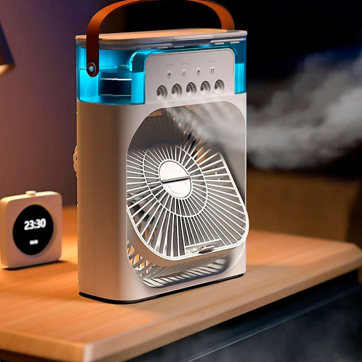 Rafraîchisseur d’air portable 3 vitesses avec brumisateur et éclairage LED RGB – Blanc